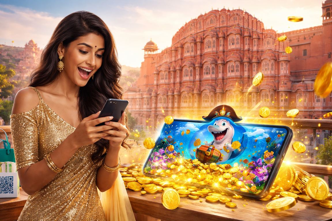 Fishing game fun at Jaipur with traditional Hawa Mahal in background